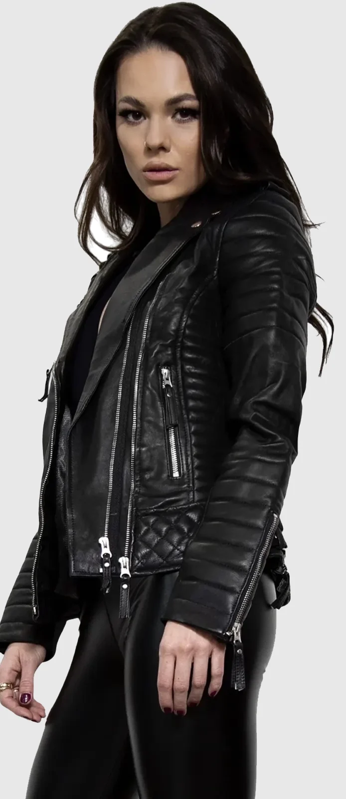 womens quilted black leather biker jacket right front