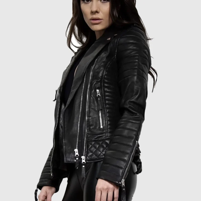 womens quilted black leather biker jacket right front