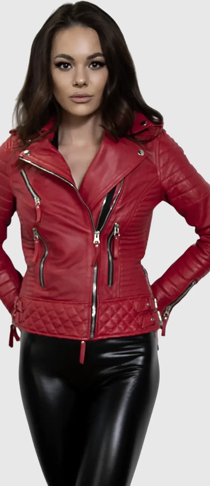 womens red quilted motorcycle jacket left 1 fornt 2