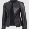 Black Collarless Leather Jacket front