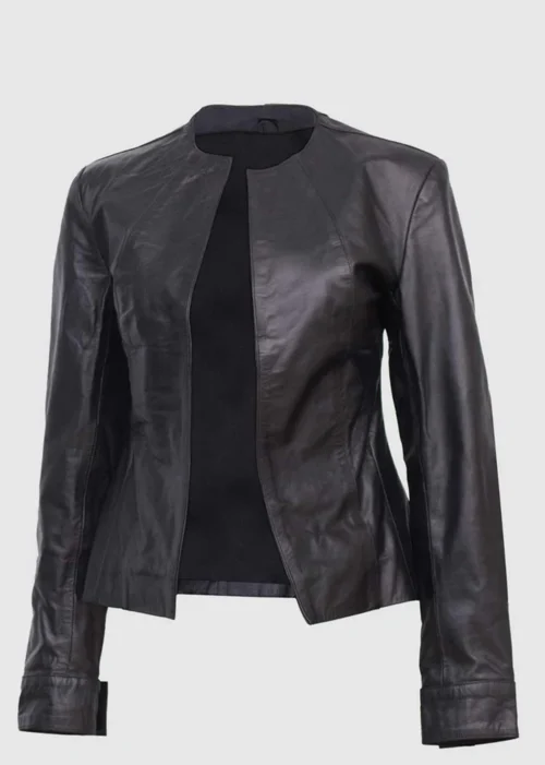 Black Collarless Leather Jacket front