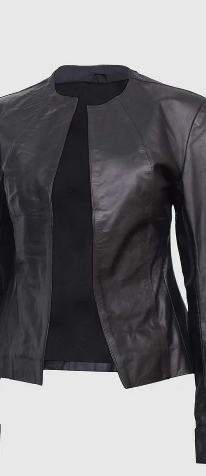 Black Collarless Leather Jacket front