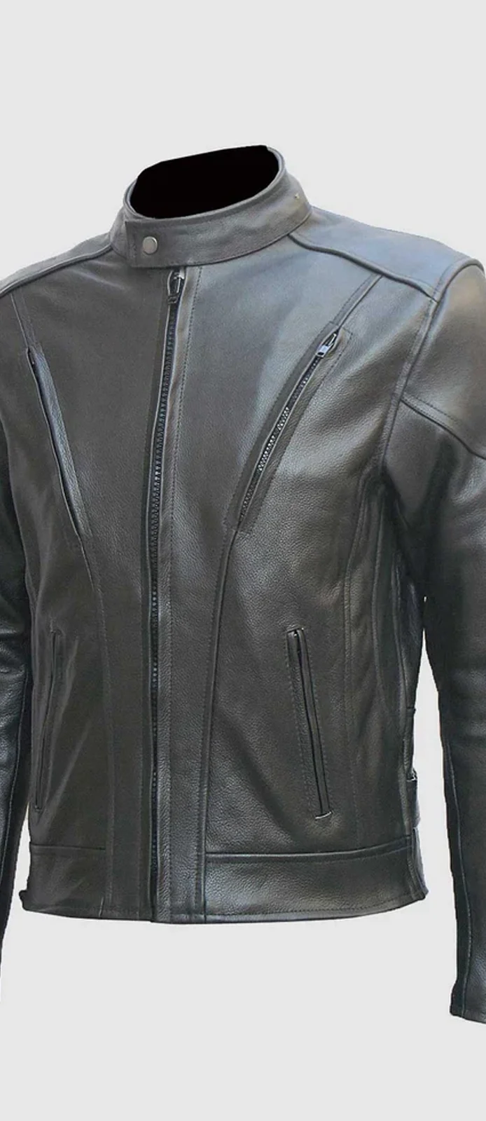 Black Leather Motorcycle Jacket With Zipper Attributes front