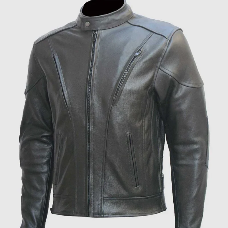 Black Leather Motorcycle Jacket With Zipper Attributes front