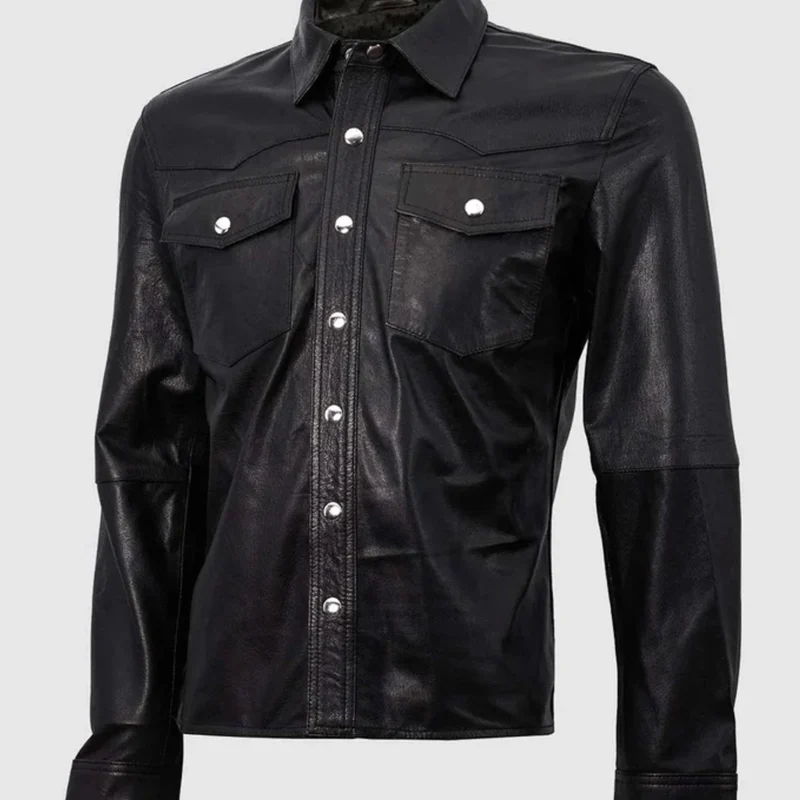Black Leather Shirt Jacket front