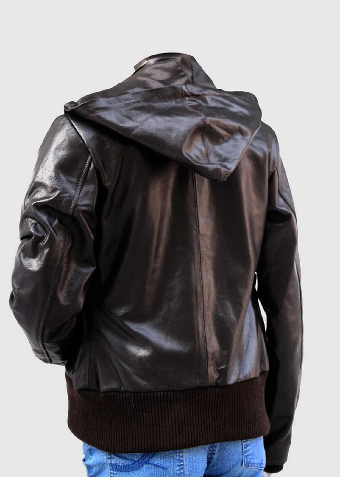 Brown Leather Jacket With Detachable Hood back