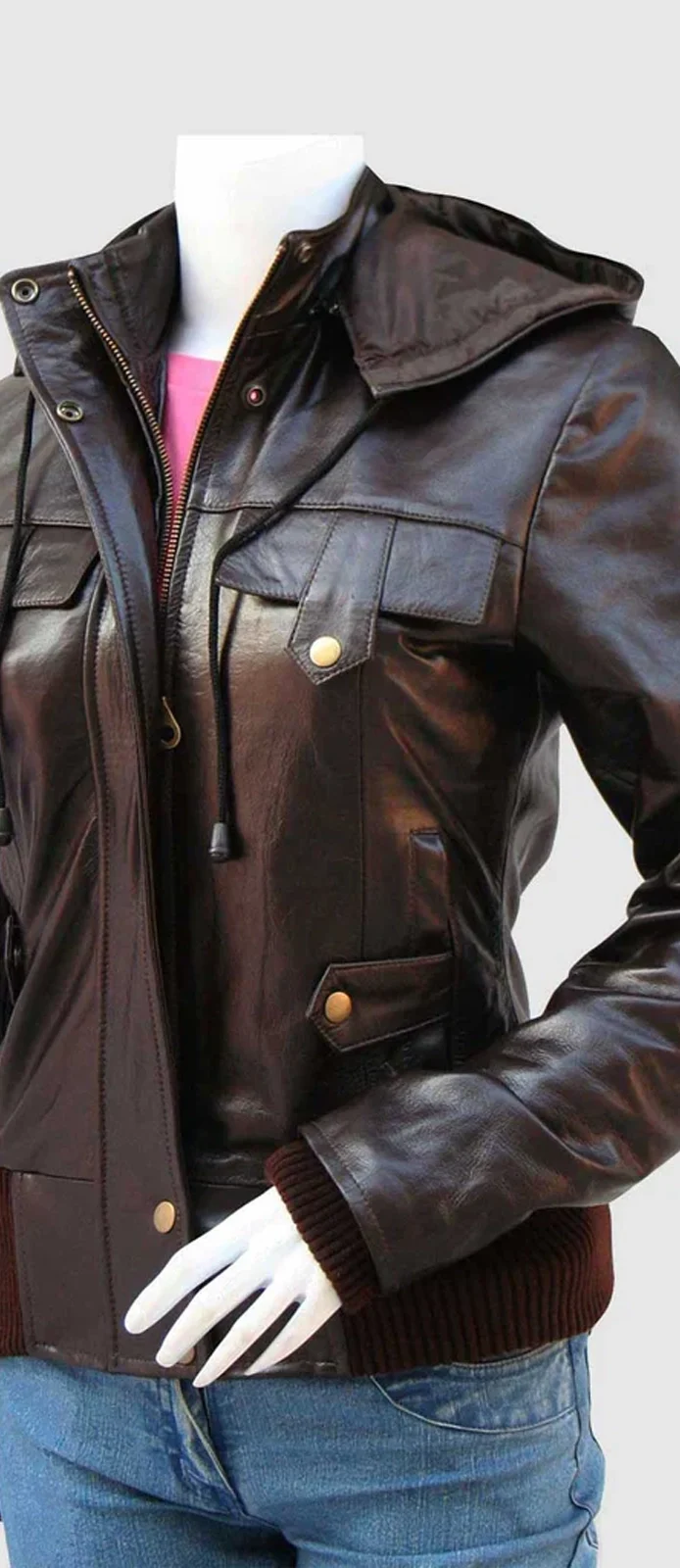 Brown Leather Jacket With Detachable Hood front