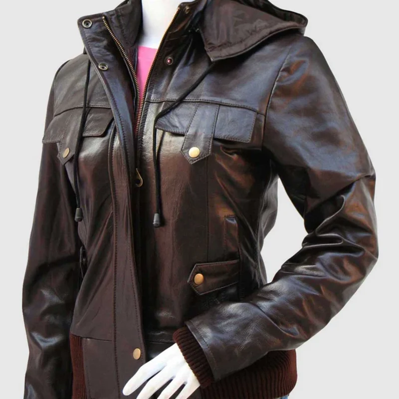Brown Leather Jacket With Detachable Hood front