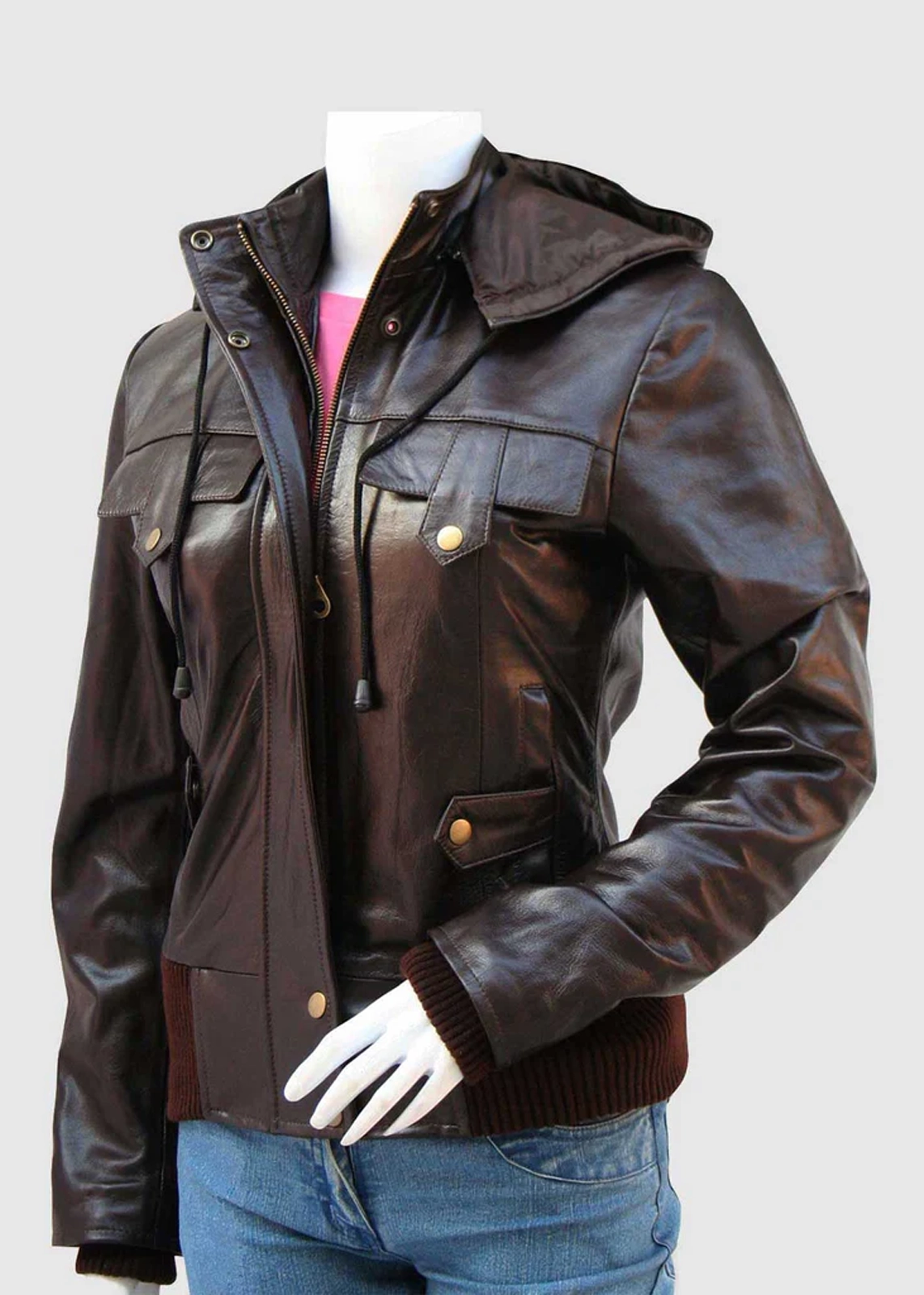 Brown Leather Jacket With Detachable Hood front