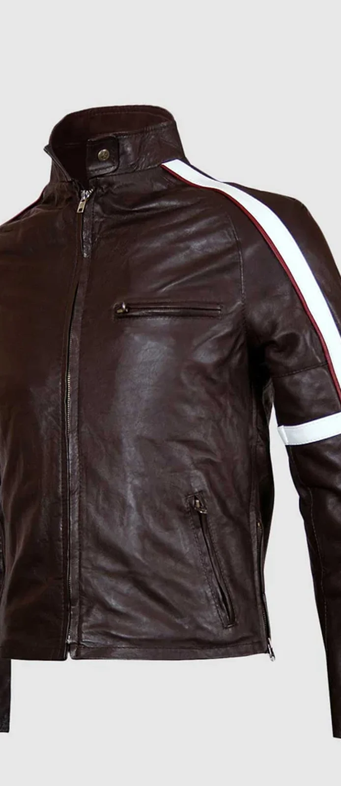 Brown Leather Jacket With White and Maroon Stripes front