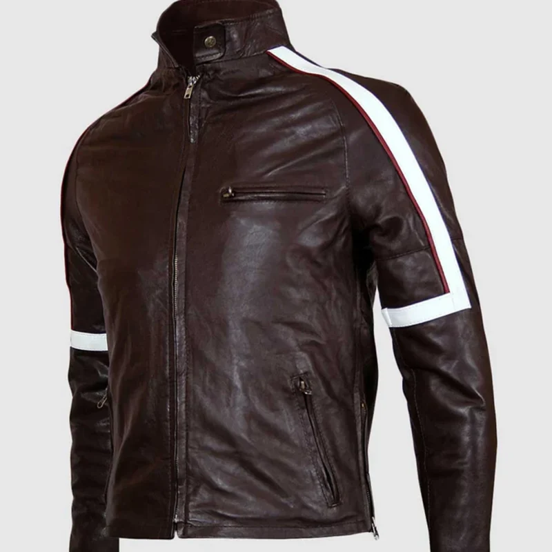 Brown Leather Jacket With White and Maroon Stripes front