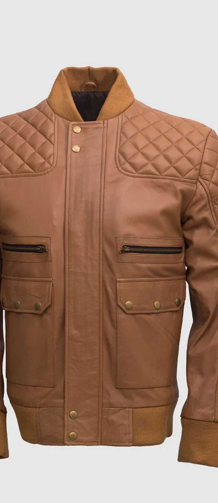 Brown leather bomber jacket front