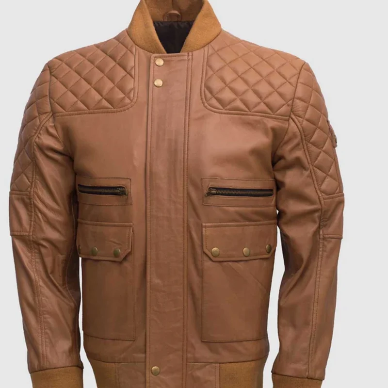 Brown leather bomber jacket front