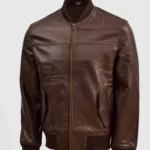 Classic Brown Leather Bomber Jacket front