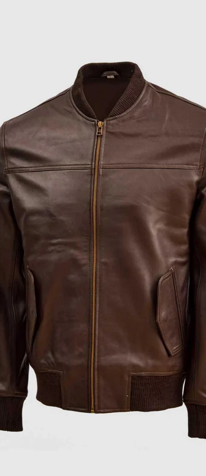 Classic Brown Leather Bomber Jacket front