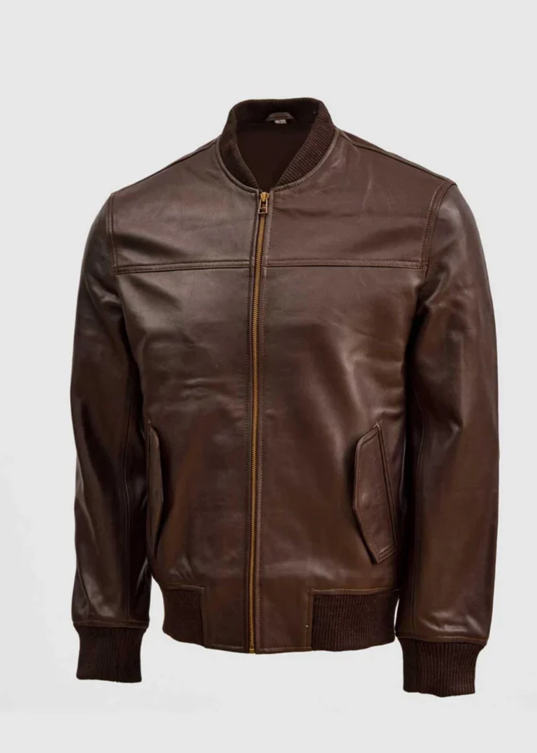 Classic Brown Leather Bomber Jacket front