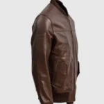 Classic Brown Leather Bomber Jacket side