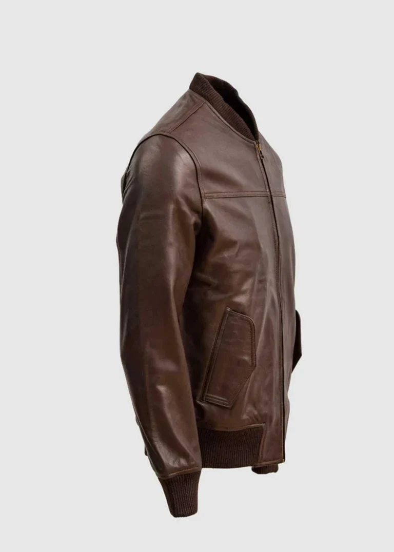 Classic Brown Leather Bomber Jacket side