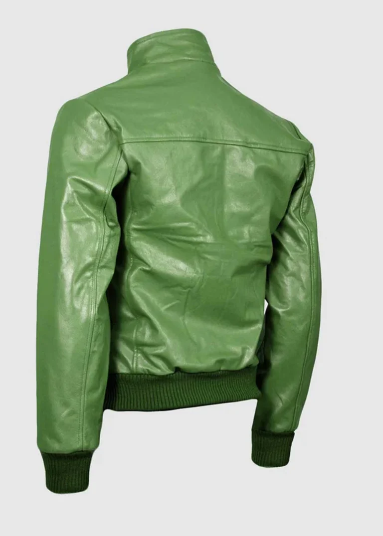 Green Bomber Leather Jacket back