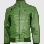 Green Bomber Leather Jacket front