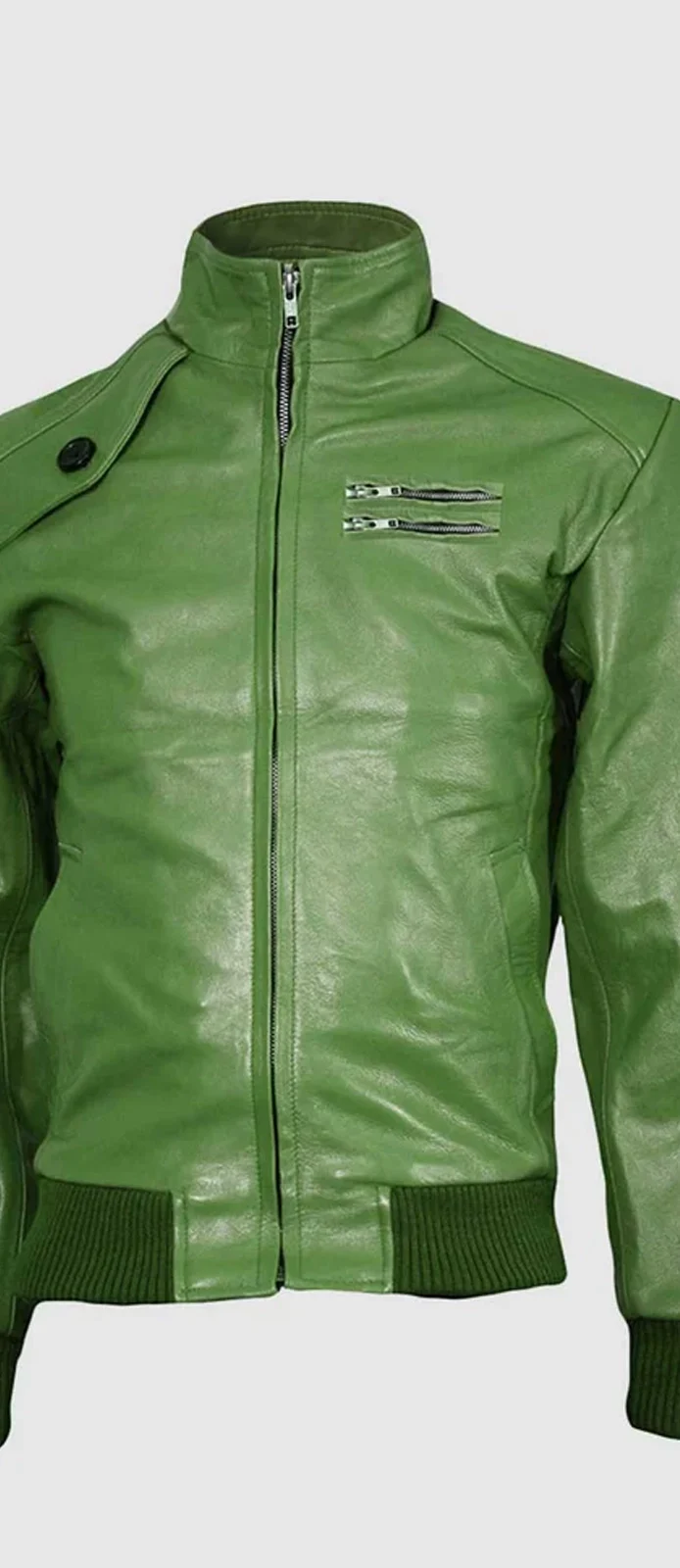 Green Bomber Leather Jacket front