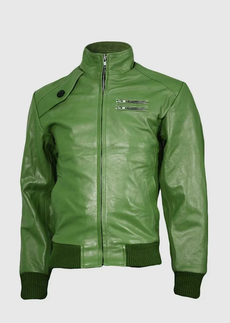 Green Bomber Leather Jacket front