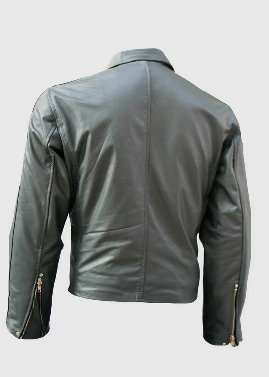 Men's Black Leather Biker Jacket With Zipper Detail back