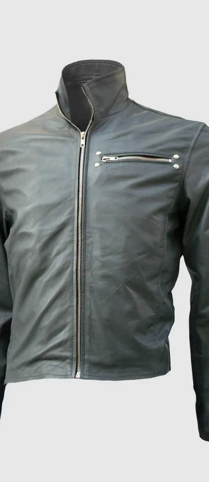 Men's Black Leather Biker Jacket With Zipper Detail front