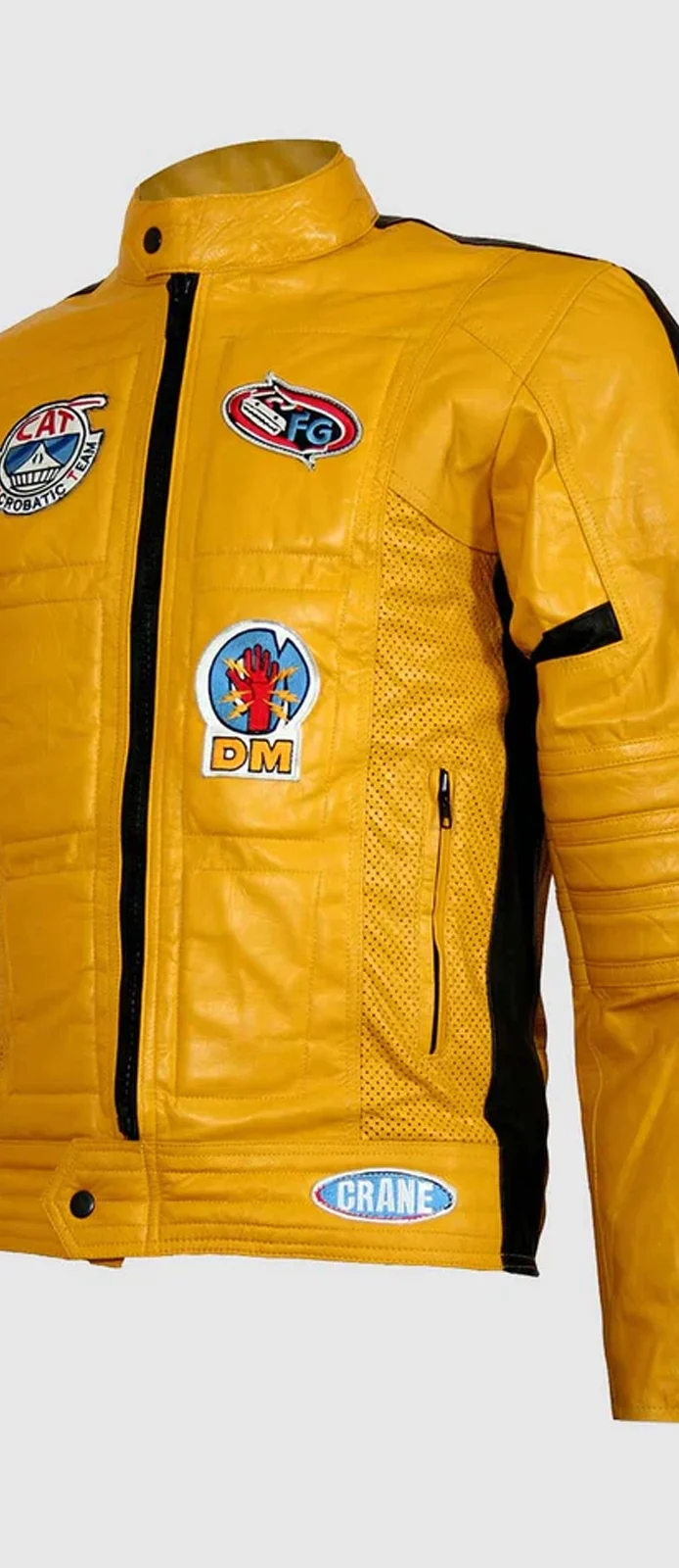 Mens kill bill yellow leather motorcycle jacket front