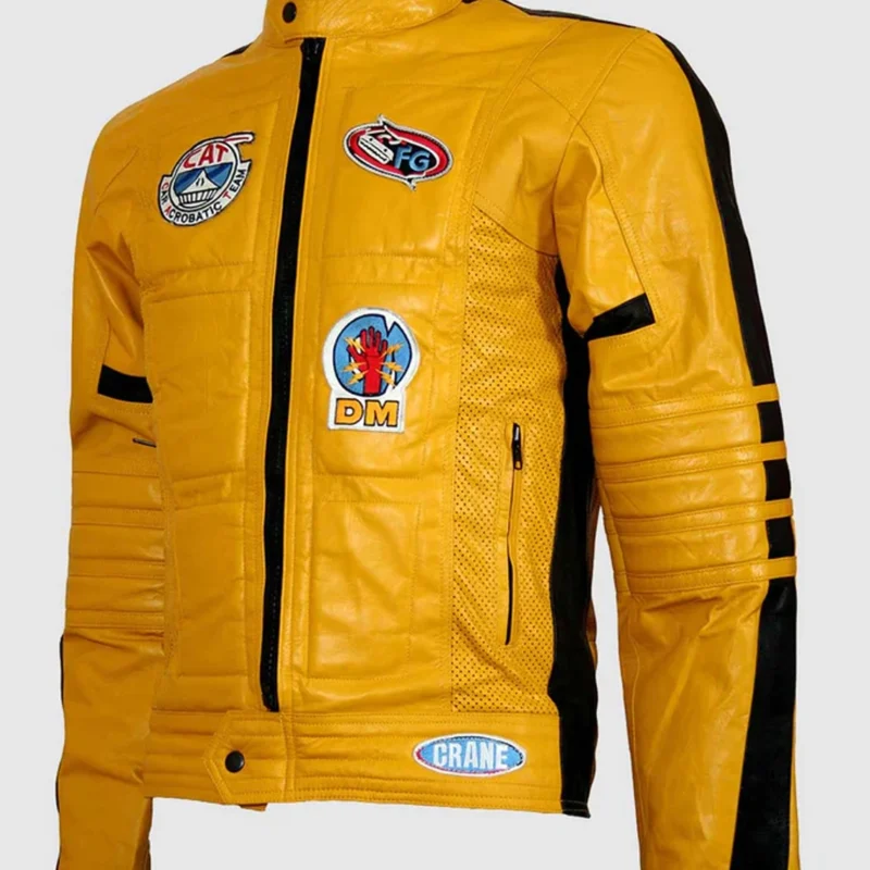 Mens kill bill yellow leather motorcycle jacket front