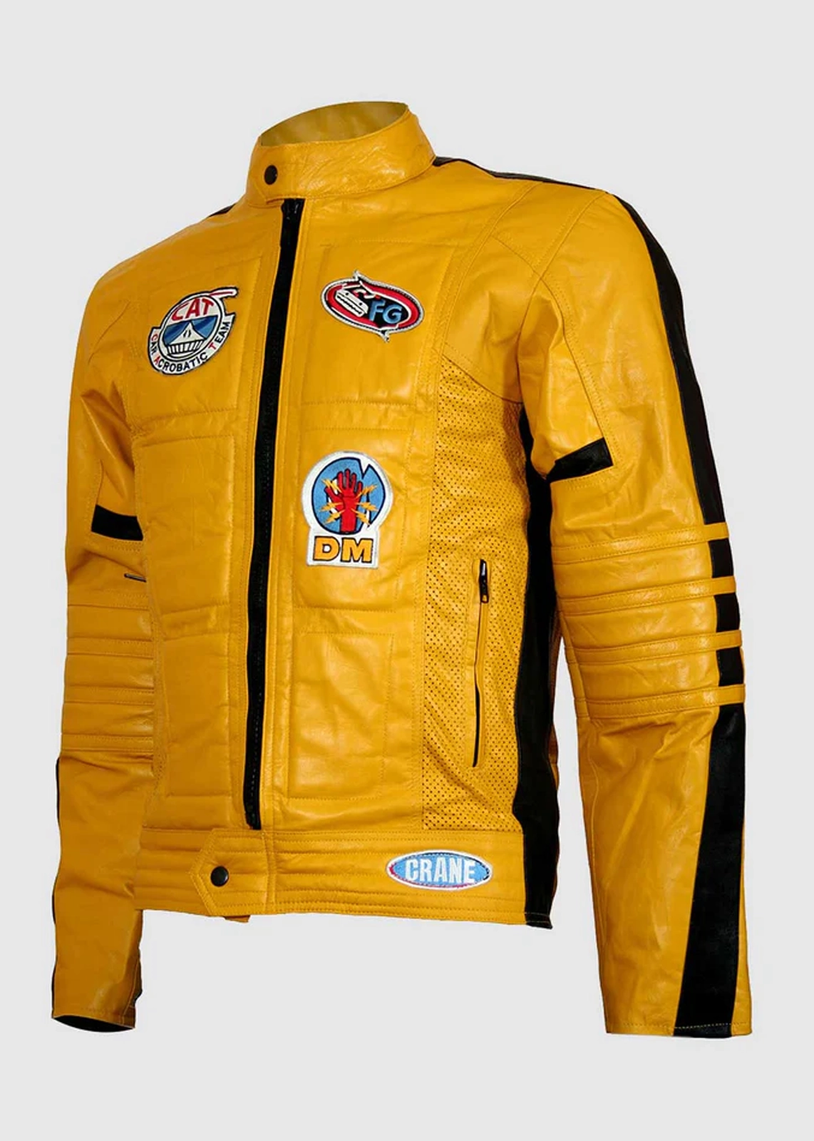 Mens kill bill yellow leather motorcycle jacket front