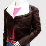 Womens Brown Leather Jacket with Shearling Fur Collar front