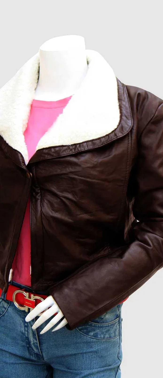 Womens Brown Leather Jacket with Shearling Fur Collar front