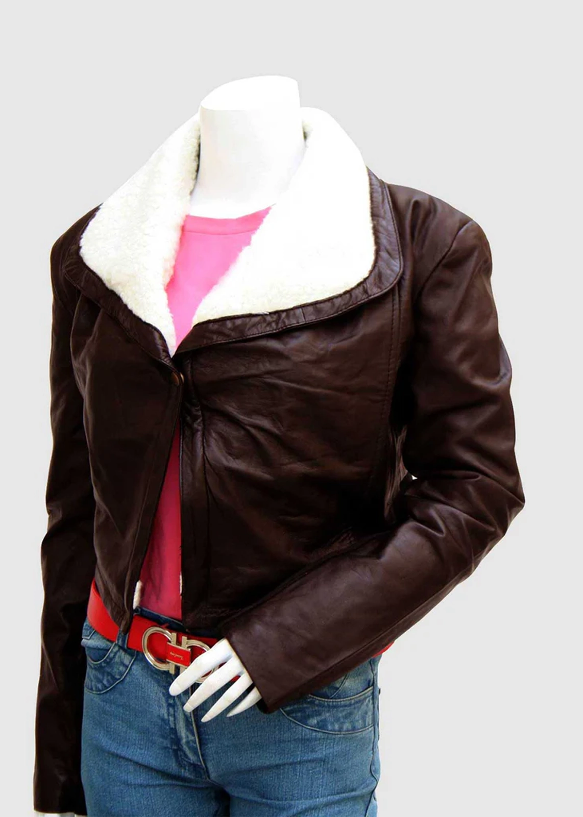 Womens Brown Leather Jacket with Shearling Fur Collar front