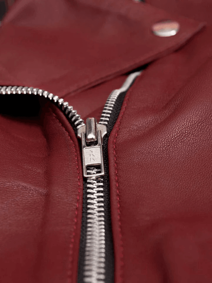 Womens Maroon Leather Jacket closeup two