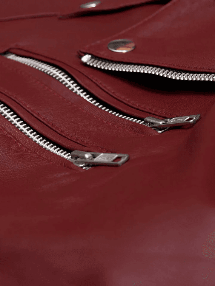 Womens Maroon Leather Jacket closeup