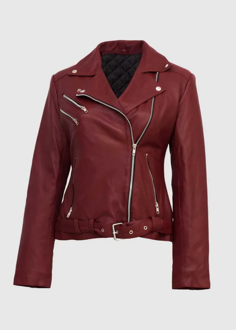 Womens Maroon Leather Jacket front