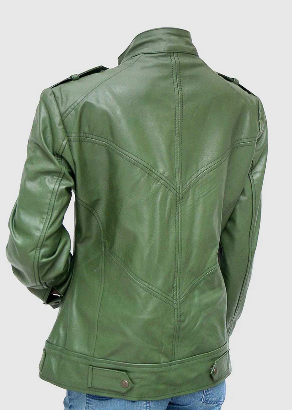 Womens Olive Green Leather Biker Jacket back