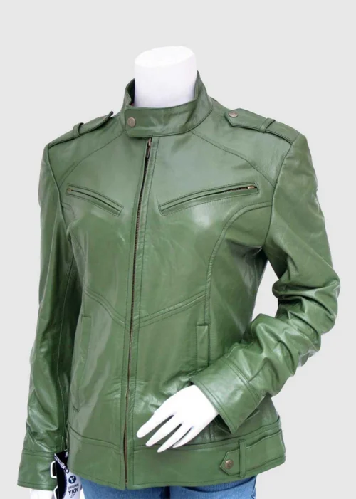 Womens Olive Green Leather Biker Jacket front 2