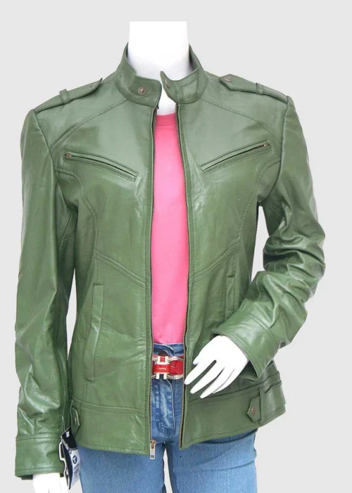 Womens Olive Green Leather Biker Jacket front