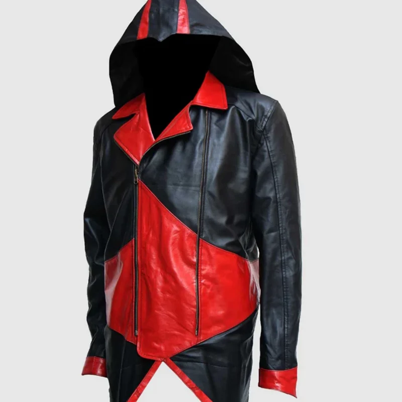 assassins creed 3 conner kenway black and red hooded leather jacket front