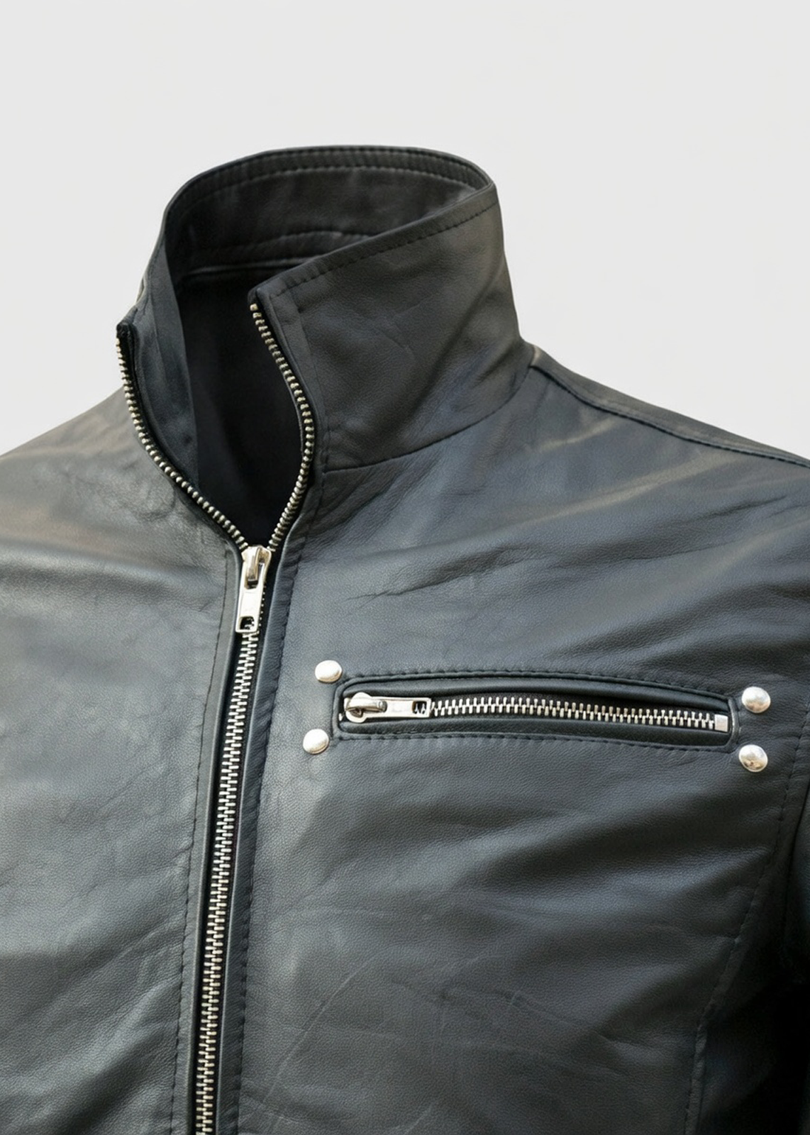 Men’s Black Leather Biker Jacket with Zipper Accents