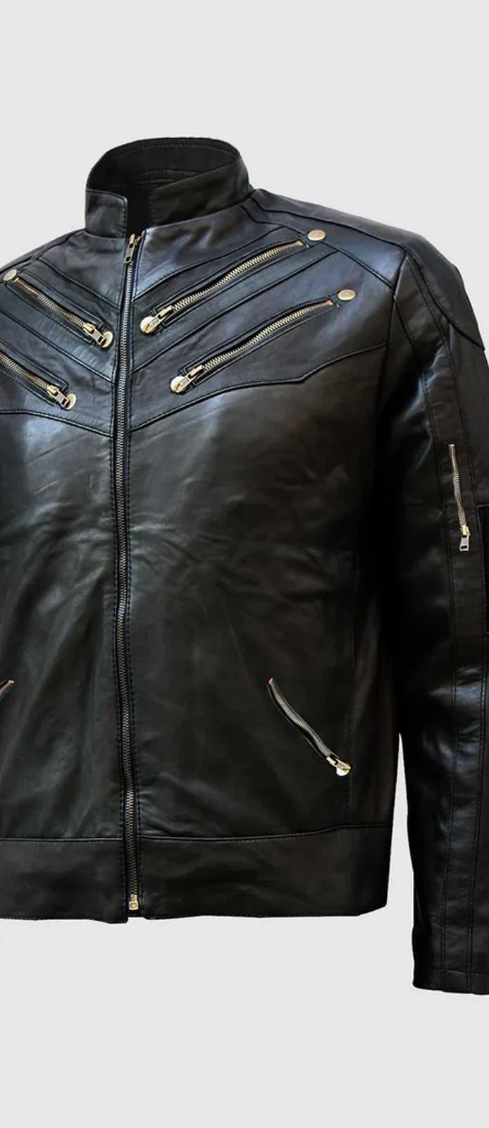 black gold zipper leather jacket front