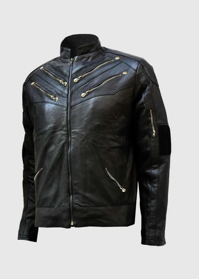 black gold zipper leather jacket front