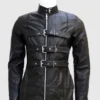 black gothic leather trench coat front closeup