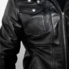 black hooded leather jacket closeup