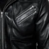 black hooded leather jacket closeup left