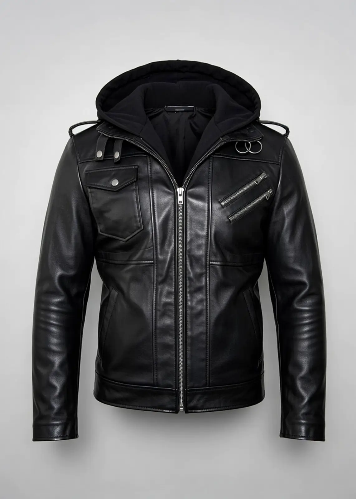 Black Hooded Leather Jacket for Men