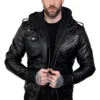 black hooded leather jacket front