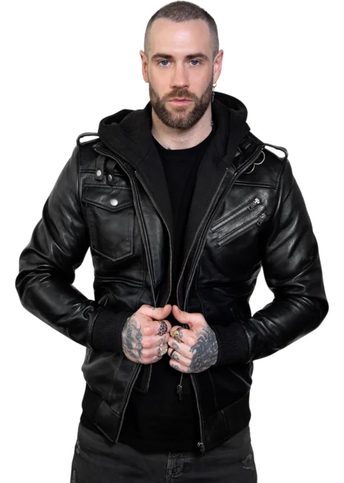 black hooded leather jacket front